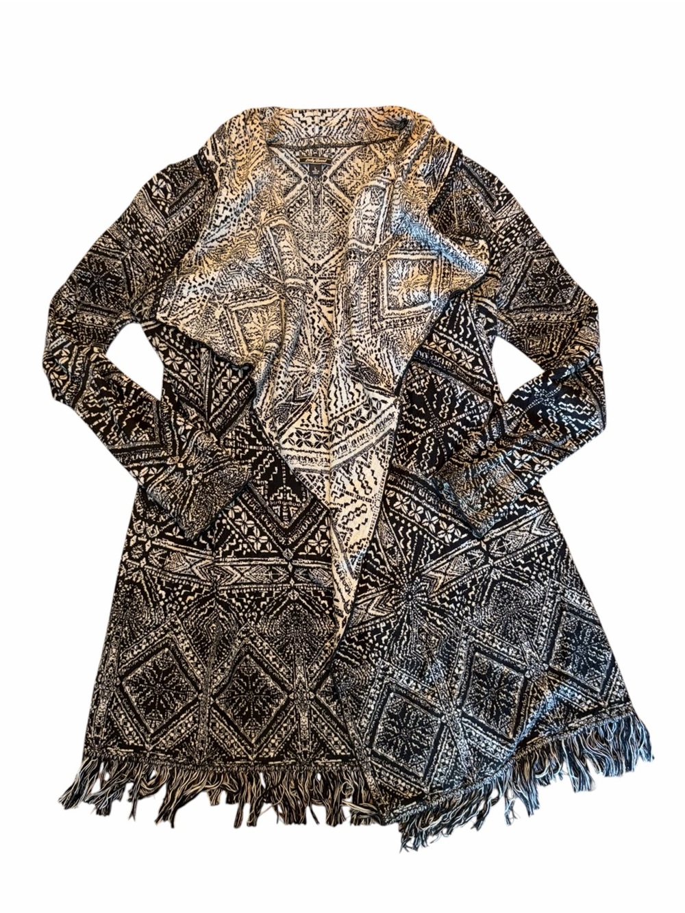 Lucky Brand patterned long open cardigan with fringe, size large